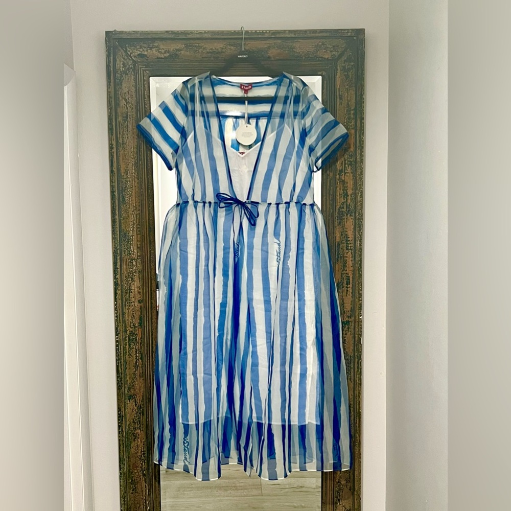 STAUD Blue and White Striped Midi Dress